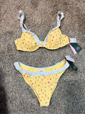 wild fable with Demetra Dias - Yellow Floral Bikini Set with Gingham Ruffle Trim